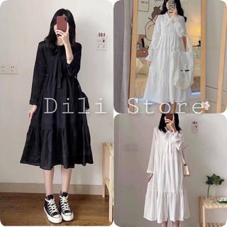Đầm Babydoll Nơ Ngực 🍍 Váy  trắng Tay Bồng Dáng Suông 2 Màu mặc lên siêu xinh phối đồ