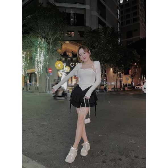XÃ LỖ SET 2 MÓN CROP ÁO TRẮNG 2 DÂY VIỀN BÈO + KHOÁC CỘT DÂY