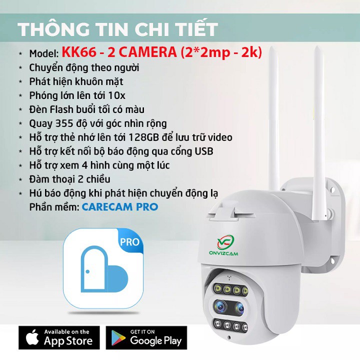 Camera Wifi  ngoài trời không dây Onvizcam KK66 4.0mp {2k}, quay đêm có mầu, xoay 355 độ, Zoom x10