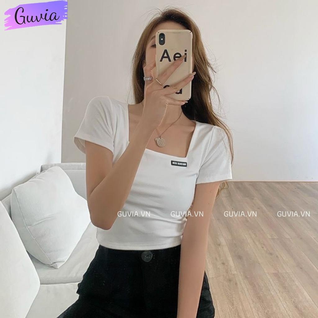 Áo Croptop Nữ Cổ Vuông LOGO Tay Ngắn Ôm Body Sexy Chất Thun Tăm Trẻ Trung GUVIA | BigBuy360 - bigbuy360.vn