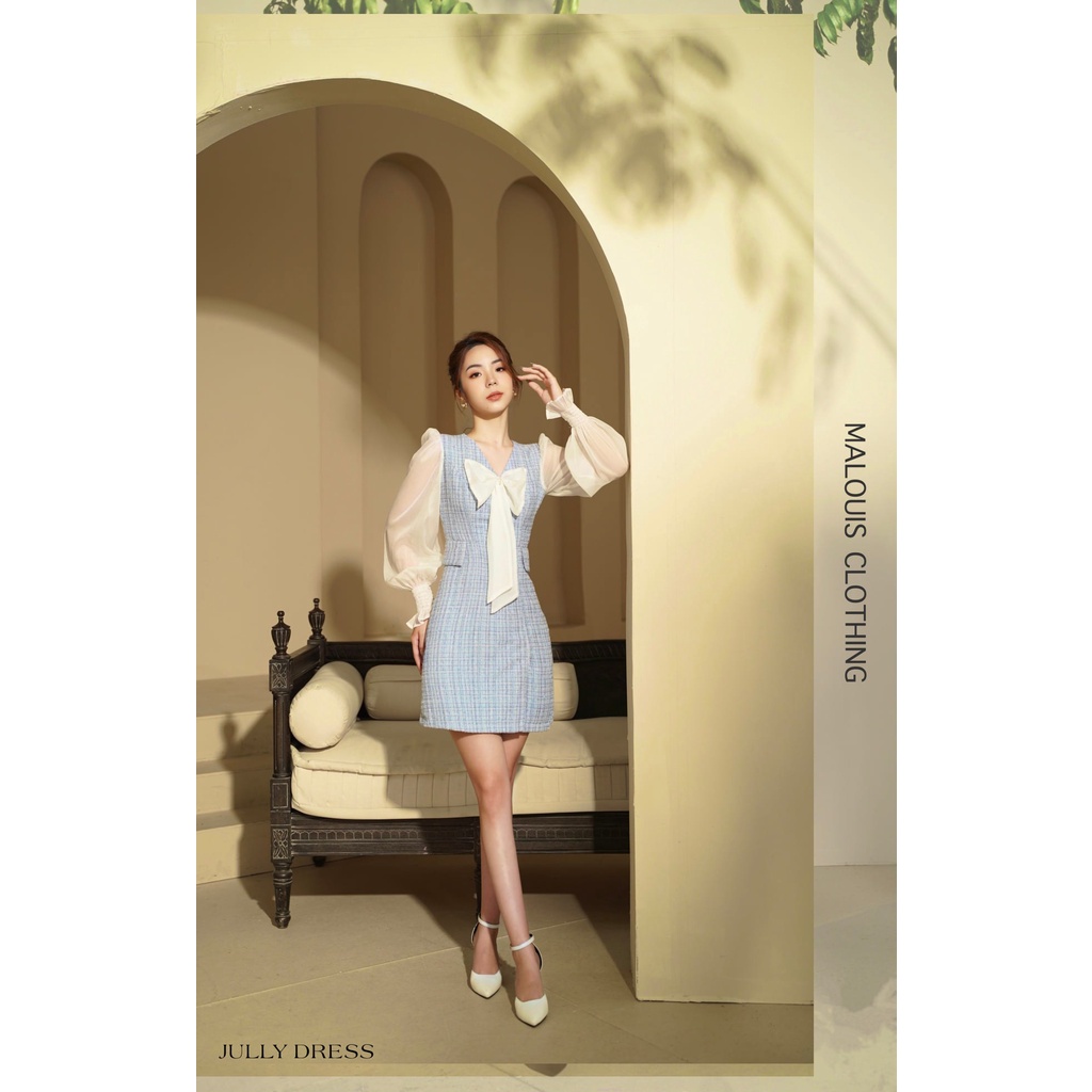 Váy dạ tweed phối voan tay dài bo chun, nơ trước ngực - M116 - Malouis