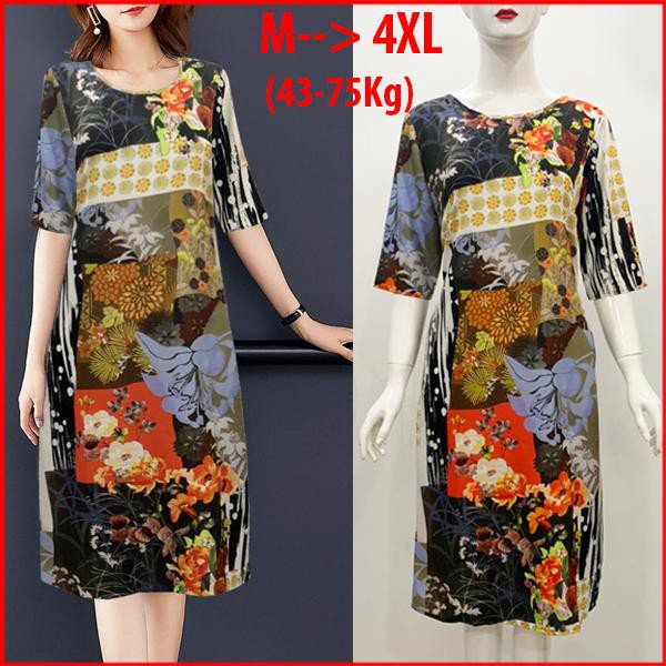 GOTI Đầm Trung Niên Dáng Suông Dài Qua Gối Form Chữ A Tay Lỡ Vải Lụa Cao Cấp Tặng Mẹ 3234