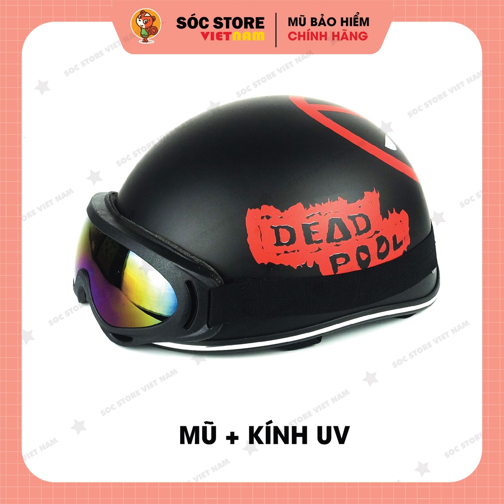 Mũ bảo hiểm nửa đầu chính hãng in hình Deadpool ĐỎ Sóc Store, nón bảo hiểm nam nữ 1 phần 2, kèm kính UV, kính phi công