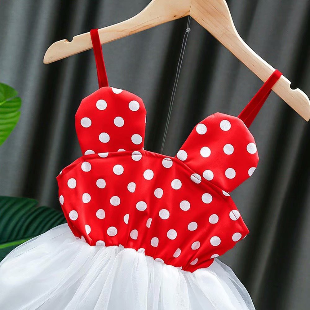 Đầm Xòe Phối Ren Màu Đỏ In Hình Chuột Mickey Thời Trang Cho Bé Gái