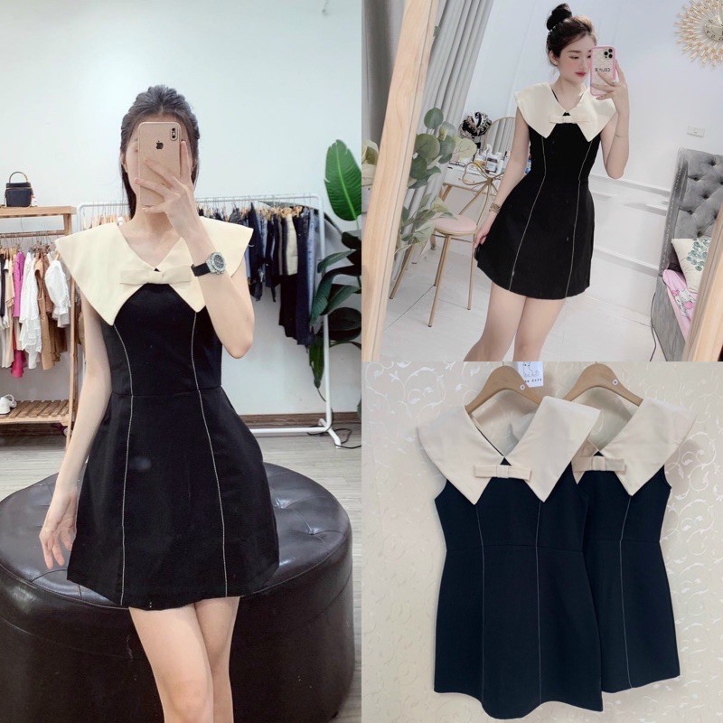 V693 Váy công sở cổ dáng chữ A thiết kế cổ V bản to đính nơ ngực, phối gân dọc sườn