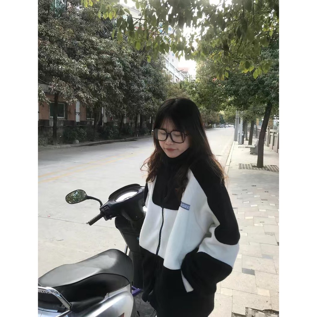Áo khoác nỉ hoodie phối màu đen trắng lót lông Hàn Quốc có ảnh thật | BigBuy360 - bigbuy360.vn