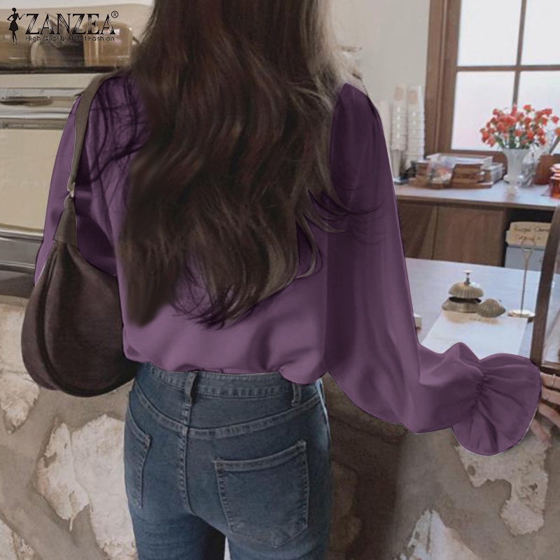 Áo ZANZEA màu trơn tay dài phồng cổ tròn phối nút mặt sau thời trang cho nữ