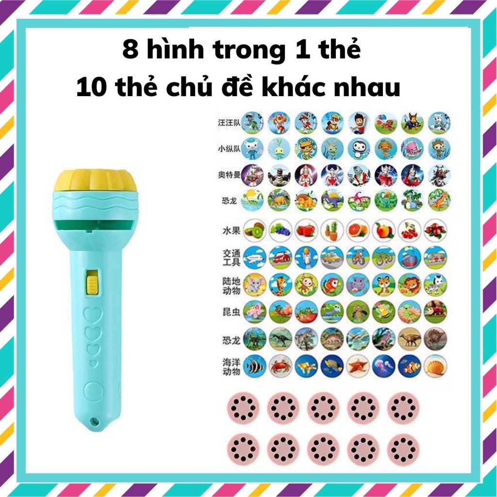 Đèn pin chiếu hình cho bé full bộ 80 hình anh 3D ngộ nghĩnh, đồ chơi giáo dục cho bé