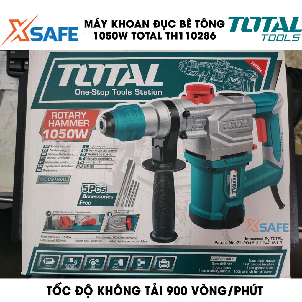 Máy khoan đục bê tông 1050W TOTAL TH110286 Kèm 3 mũi khoan gài và 2 mũi đục Máy khoan đục cầm tay bảo hành chính hãng
