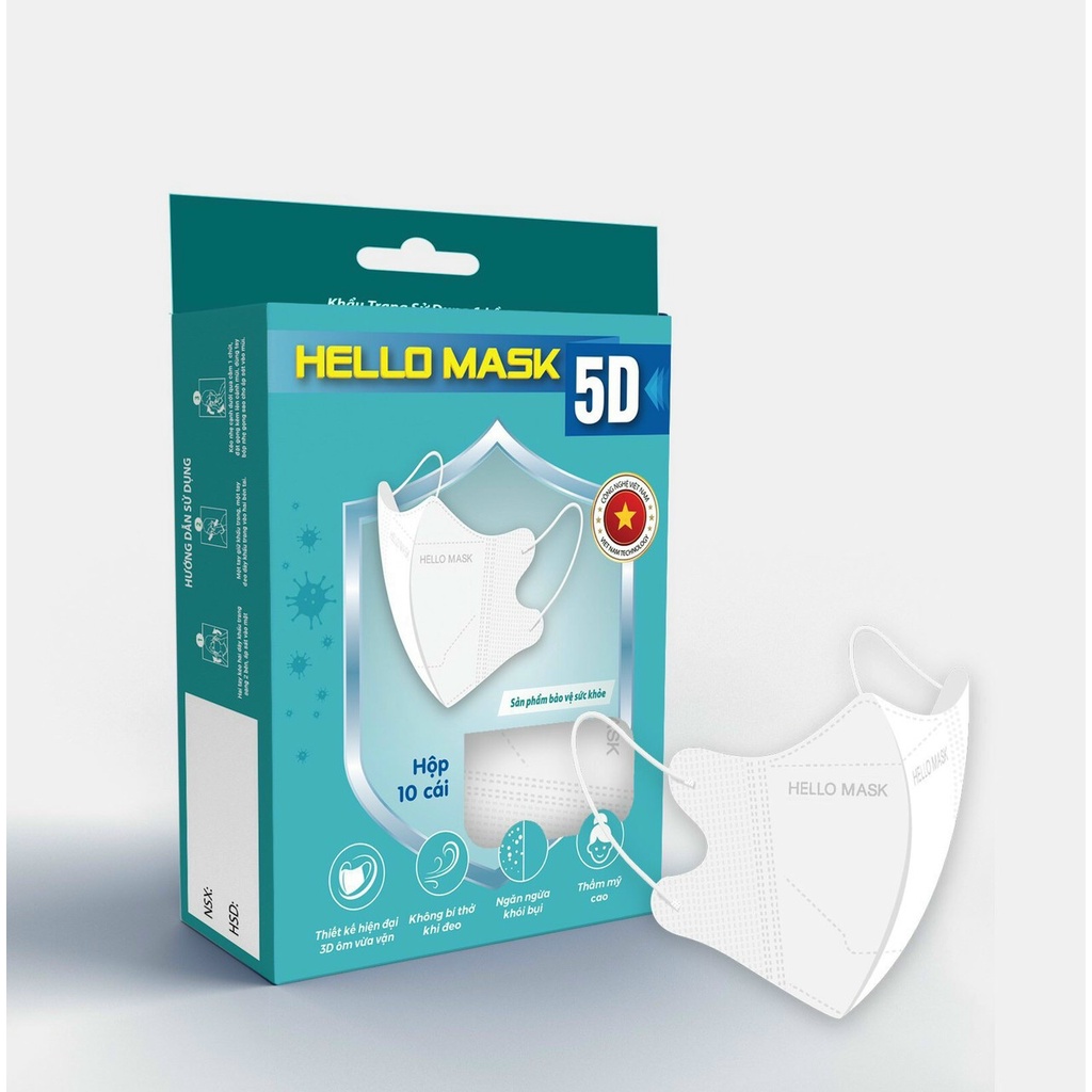 Khẩu trang Hello Mask 5D Kháng khuẩn (hộp 10 cái)