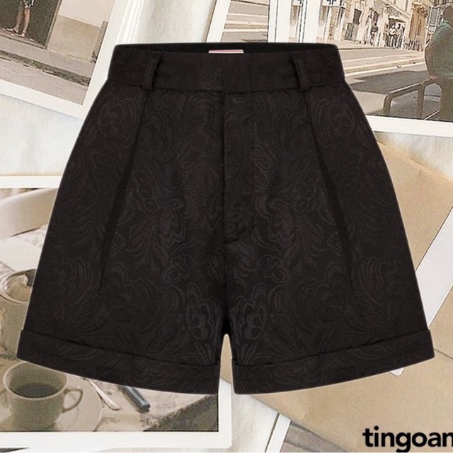 TINGOAN® - Quần shorts cạp cao gập gấu vải gấm đen LIBRA SHORTS/BL