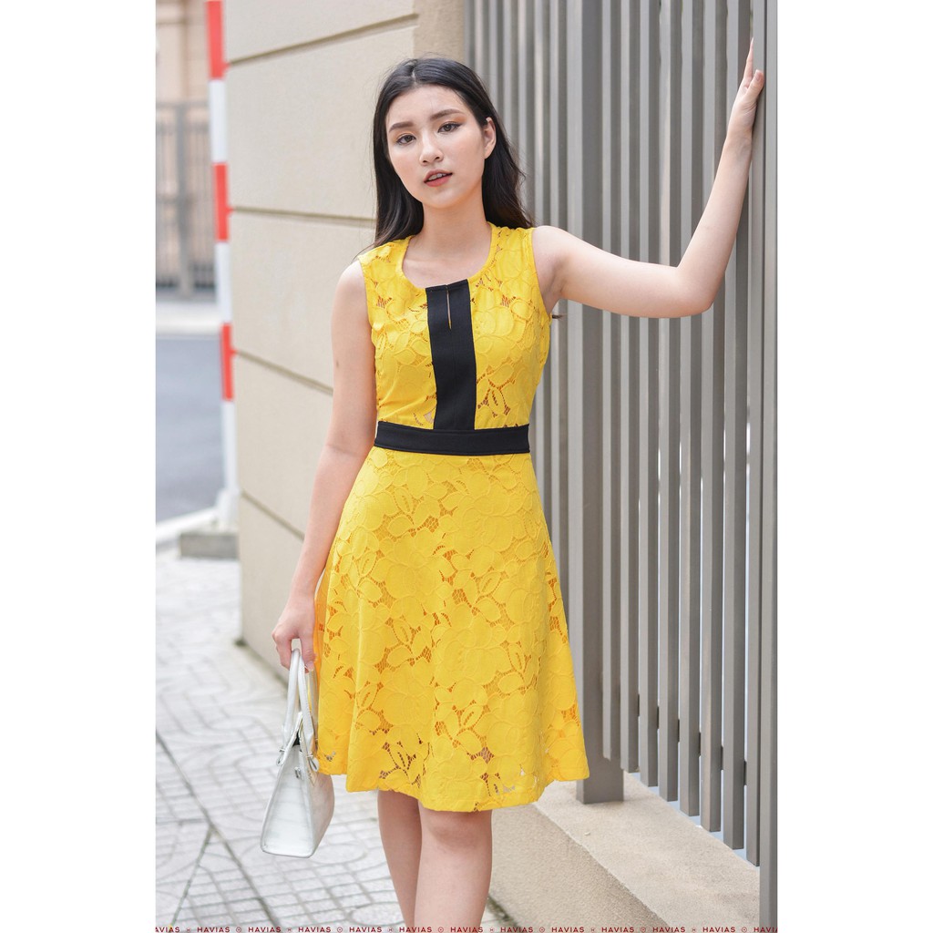 Đầm Flowering Mixed Black Yellow Sleeveless Dress HAVIAS