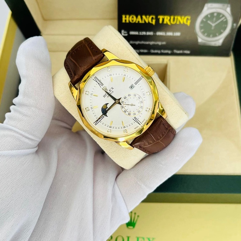 Đồng hồ Nam Rolex máy nhật, mẫu 3kim cắt vát mặt trắng viền vàng dây da, dòng cơ Automatic size 41mm