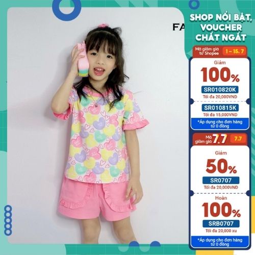 Quần áo hè bé gái, Đồ bộ bé gái in tràn hình trái tim vải cotton mềm mát cho bé từ 3-12t