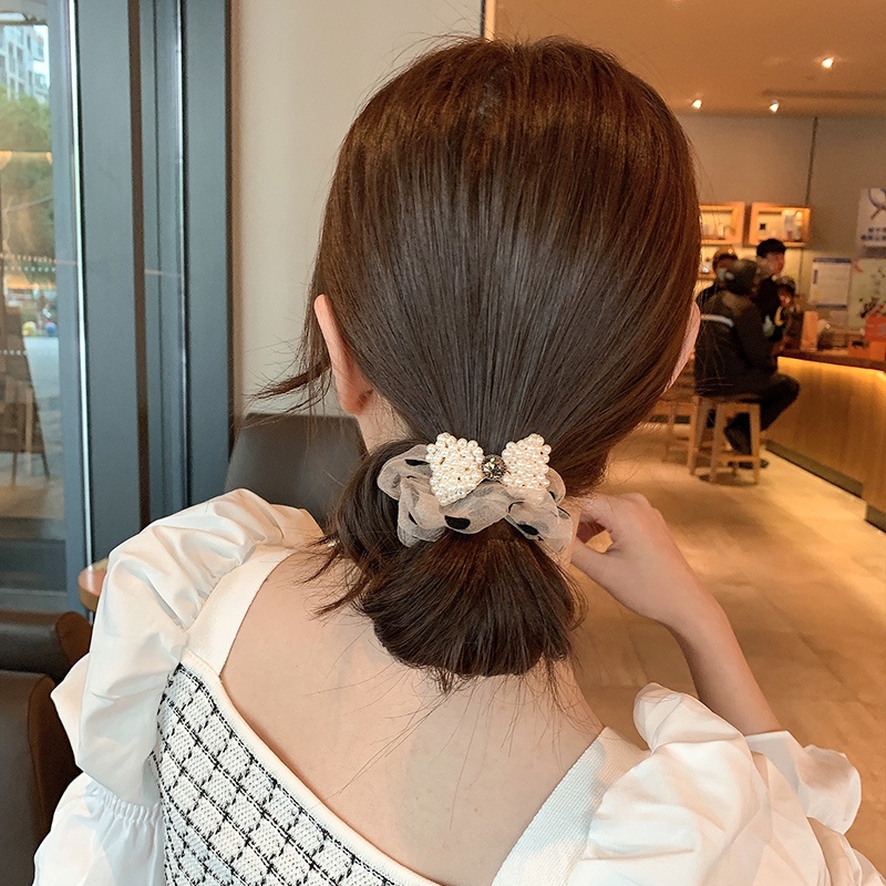 Dây Cột Tóc Nơ Họa Tiết Chấm Bi Đen Đính Ngọc Trai Phong Cách Hàn Quốc