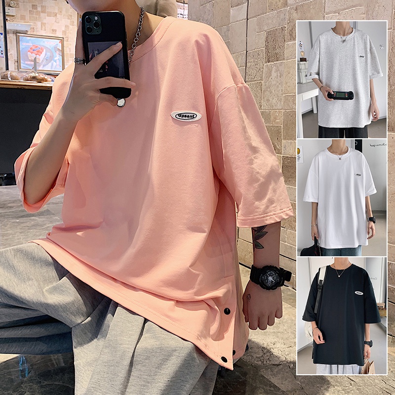 Áo Thun Tay Ngắn Dáng Rộng Màu Sắc Đơn Giản Thiết Kế Xẻ Tà Phong Cách Hàn Quốc Cho Nam