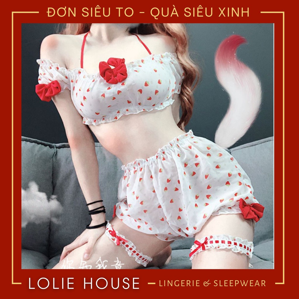 Bộ đồ ngủ Dâu tây trễ vai Dễ thương - Set ngủ Dâu tây sexy gợi cảm LOLIE HOUSE - SS5