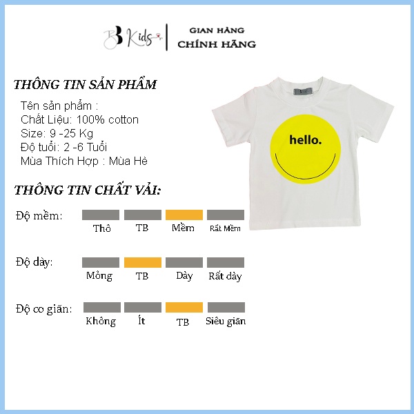 Áo Thun Ngắn Tay Cho Bé BB Kids In Hình Mặt Cười Hello Chất Liệu Cotton 100% Co Giãn 4 Chiều