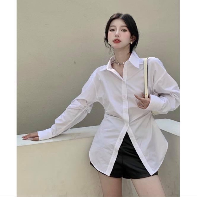 Áo sơ mi trắng kiểu nữ tay dài phồng basic ôm eo thiết kế cách điệu - Order taobao quảng châu
