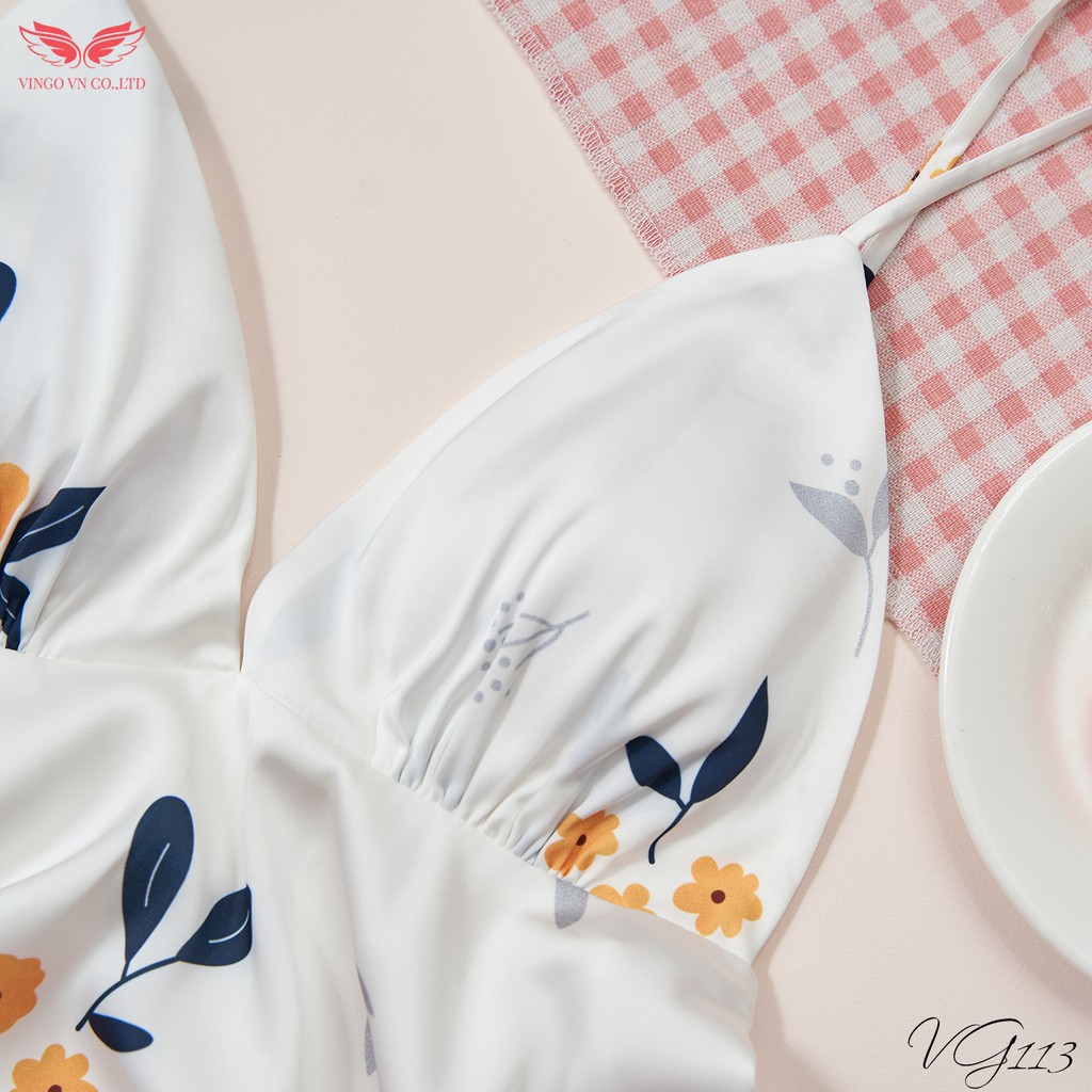 VINGO Váy Ngủ Lụa Pháp Mặc Nhà Nữ Hai Dây Có Mút Ngực Họa Tiết Hoa Vàng Lá Nền Trắng Quyến Rũ VG113 VNGO | BigBuy360 - bigbuy360.vn