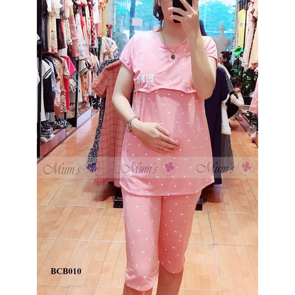 ĐỒ BỘ BẦU VÀ SAU SINH FREESHIPCotton co giãn quần lửng áo cộc có vạt hớt lên tiện bé ti