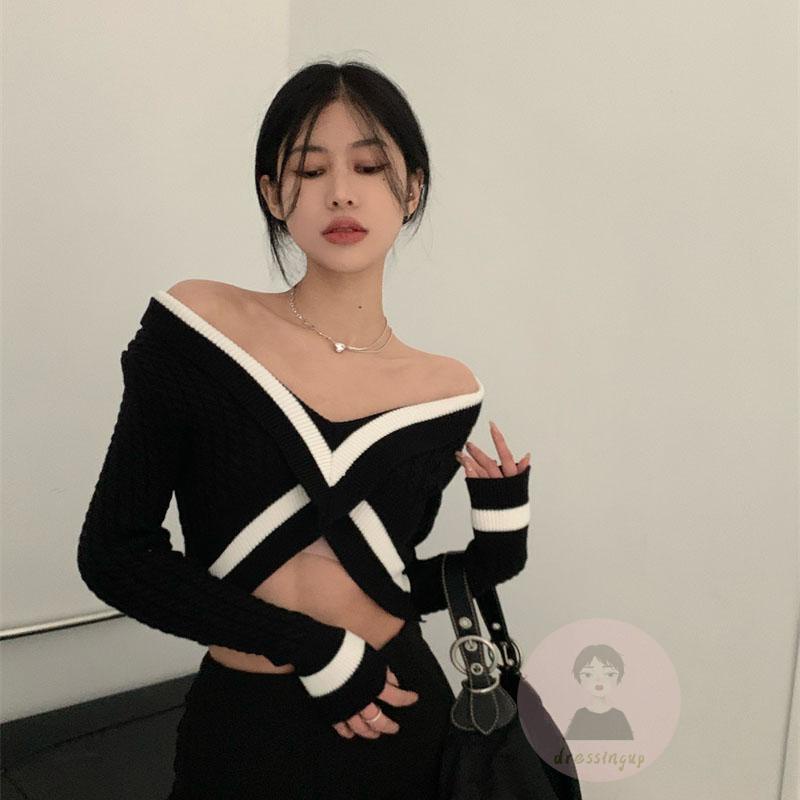 Áo Sweater Trễ Vai Tay Dài Họa Tiết Kẻ Sọc Phong Cách Pháp Thời Trang Mùa Thu Cho Nữ