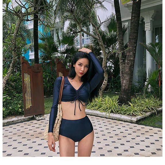 (có sẵn) Đồ bơi/ Bikini/ áo tắm dài tay nhún chun ngực croptop màu đen
