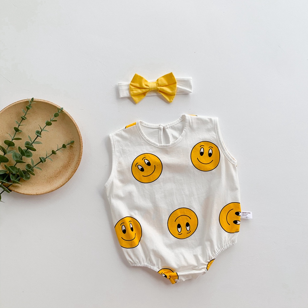 Bộ Áo Liền Quần Không Tay In Hình Mặt Cười Dễ Thương + Băng Đô Cài Tóc Cho Bé Sơ Sinh