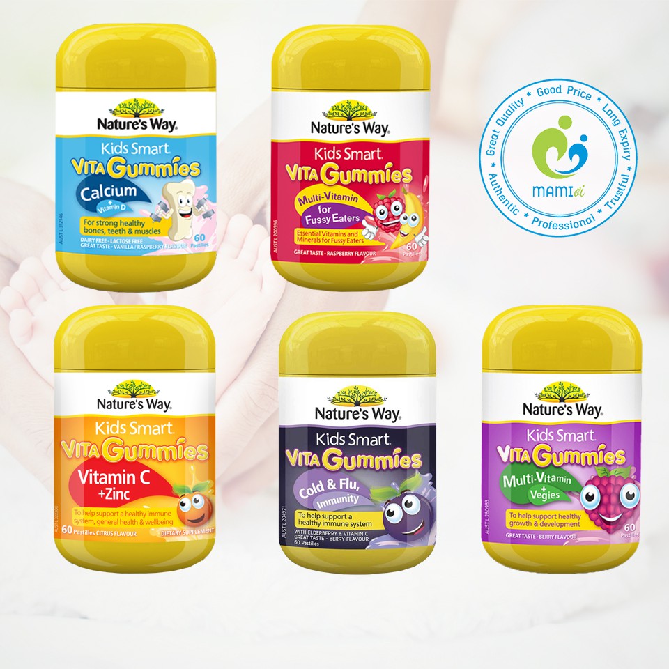 Kẹo dẻo vitamin nhiều vị (60v) bổ sung chất cho trẻ từ 2 tuổi trở lên Nature's Way Kids Smart Vita Gummies, Úc