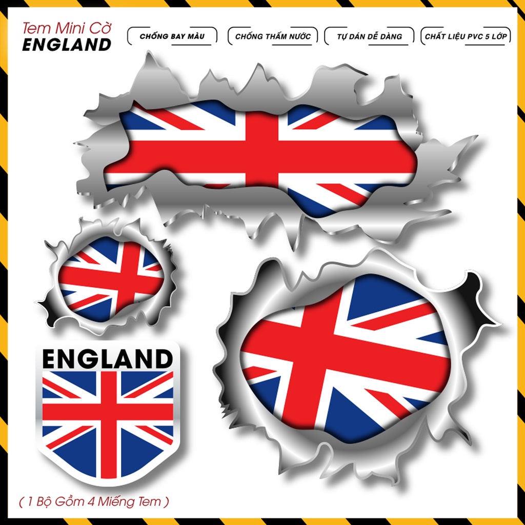 Sticker Trang Trí Xe máy, Xe Điện, Laptop, Điện Thoại, Mũ Bảo Hiểm Mẫu Cờ Anh | Tem Dán Xe Hình Cờ England Dễ Dán