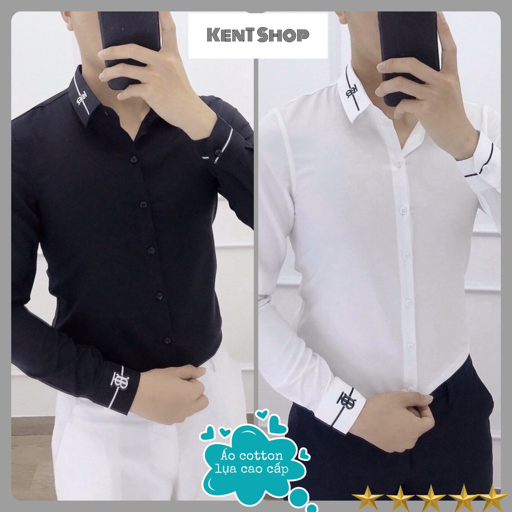 Áo Sơ mi nam  Sơ mi trắng nam chất cotton lụa dài tay họa tiết B-B-R tinh tế