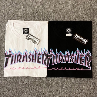 Áo thun tay ngắn chất liệu cotton in chữ Thrasher hình ngọn lửa phong cách hip hop cho nam nữ
