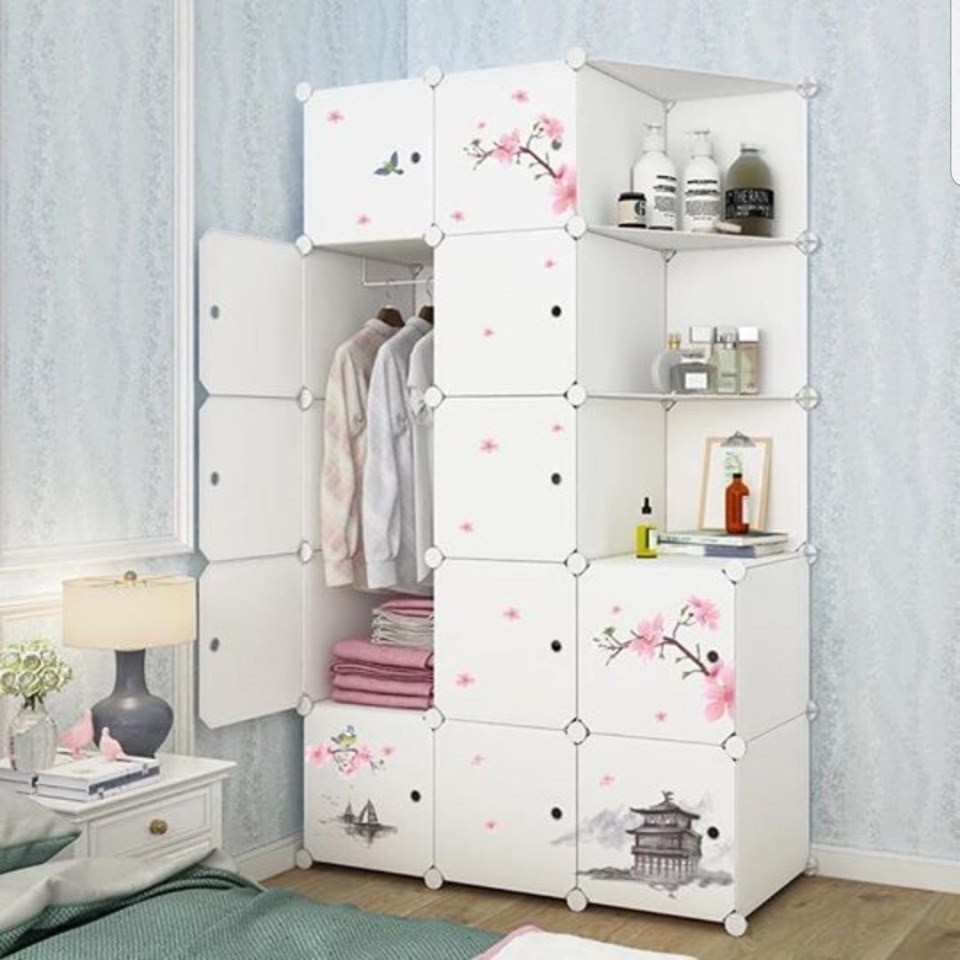 TỦ NHỰA LẮP GHÉP THÔNG MINH15 Ô (GỒM 3 KỆ GÓC) VÁCH TRẮNG CỬA QUẦN ÁO sâu 47cm