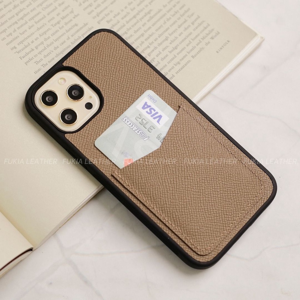 Ốp da thủ công Epsom khe thẻ viền đen màu 12-16 cho iPhone 14/14Pro/14Promax/13/13Pro/13Promax/12promax ODTC110