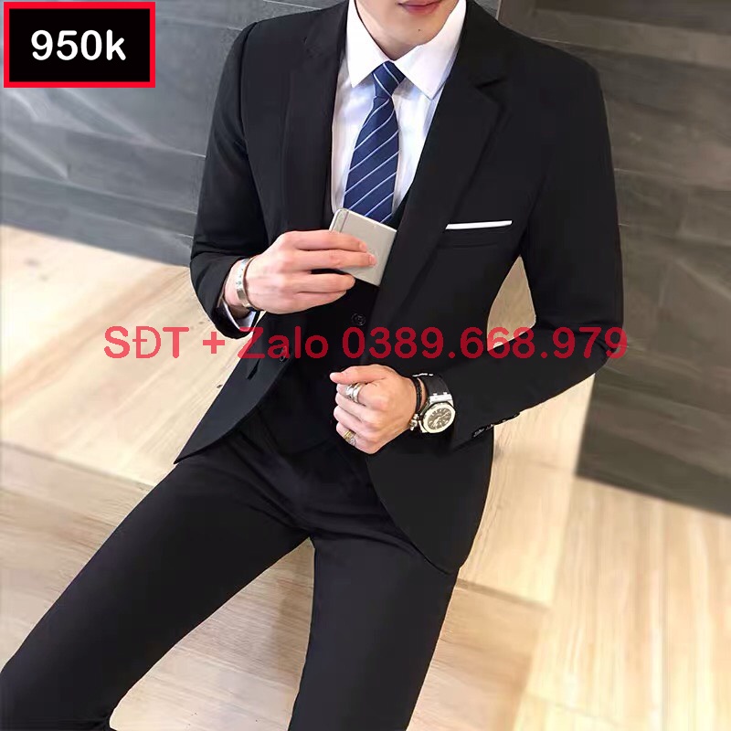 Bộ vest nam Hàn Quốc màu đen, Bộ suit nam Hàn Quốc màu đen vải xịn.