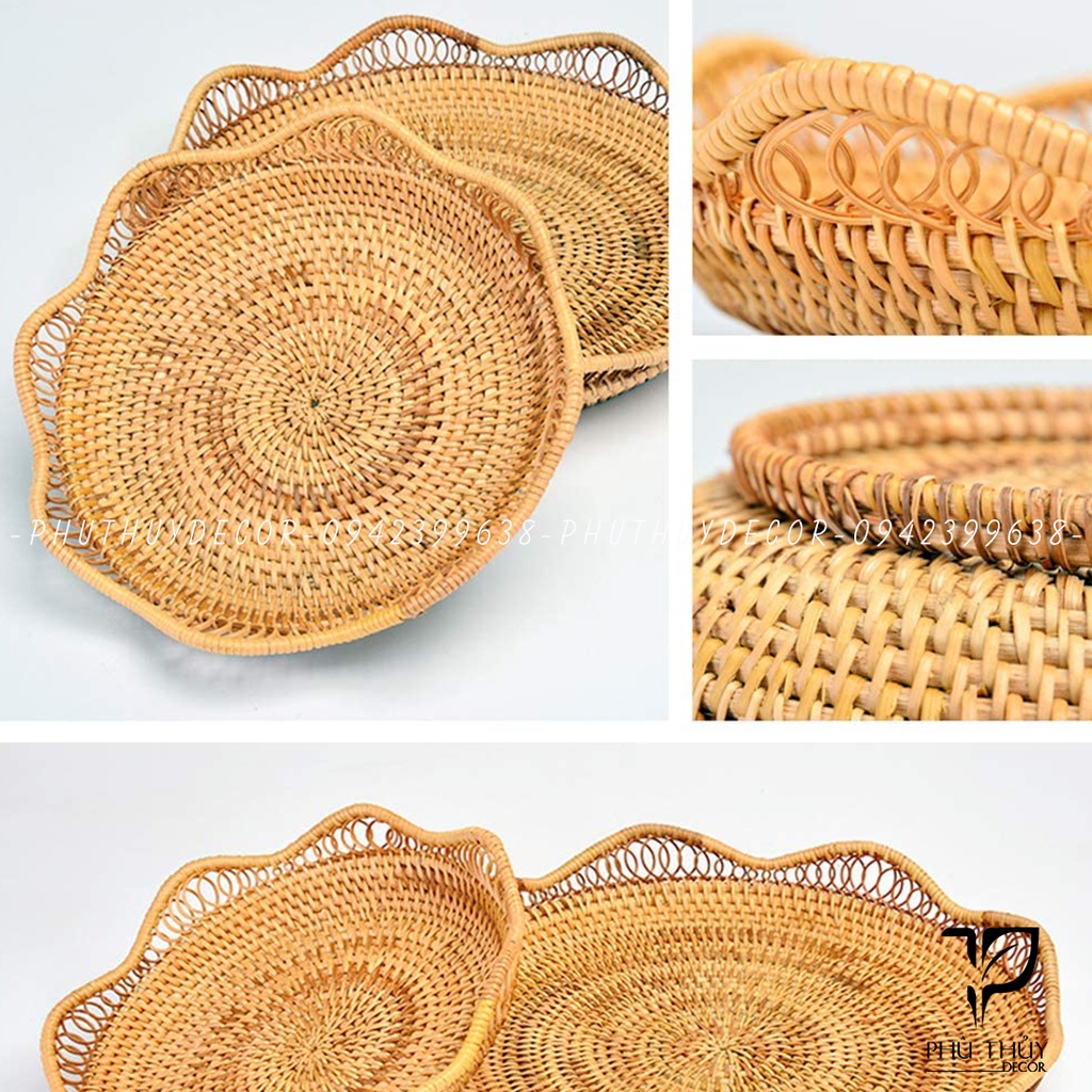 Khay mây, giỏ mây viền sóng lượn, đĩa mây decor, đựng hoa quả, bánh kẹo