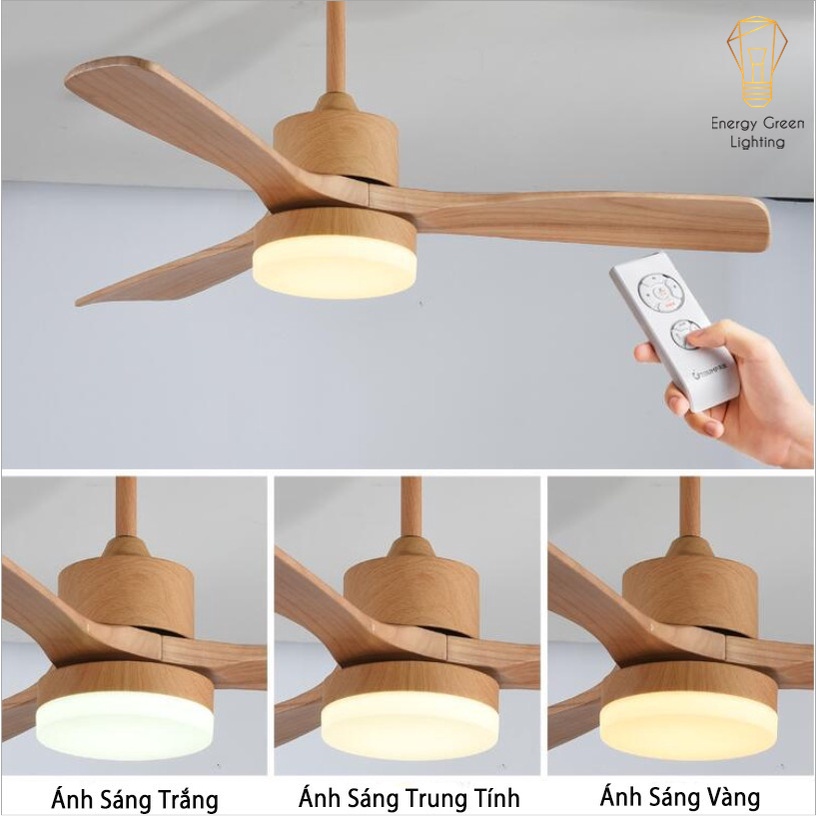 Quạt Trần Gỗ 3 Cánh Energy Green Lighting QT-11055 Phong Cách Bắc Âu Tích Hợp Đèn Chiếu Sáng - Điều Khiển Từ Xa