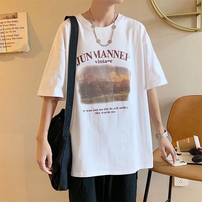 Áo Thun Tay Ngắn Dáng Rộng In Hình Tranh Sơn Dầu Thời Trang Mùa Hè Cho Các Cặp Đôi