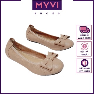 Giày Búp Bê Nữ Da Bò Thật, Thun Co Giãn Ôm Chân, Mũi Tròn, Đính Nơ Dễ Thương (Đen, Xám, Kem) - MyVi Shoes