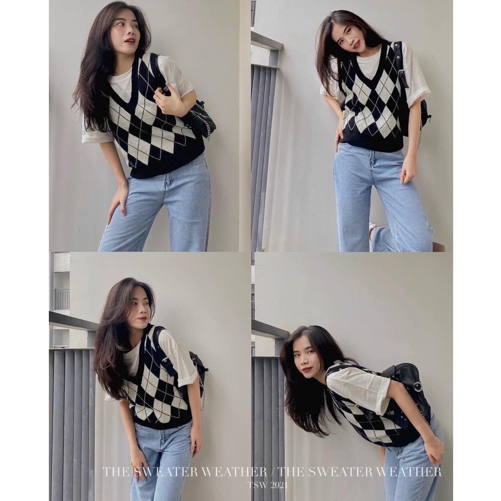 Áo Gile nữ Len Ulzzang Cổ V Kẻ Ô Quả Trám, Áo gile len trám dày dặn 2 màu ( Ảnh thật )