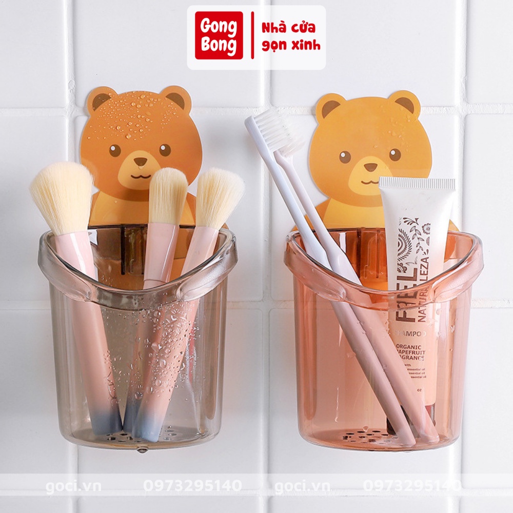 Cốc đựng bàn chải đánh răng hình gấu dán tường đồ dùng trong phòng tắm cho bé có lỗ thoát nước đa năng tiện lợi
