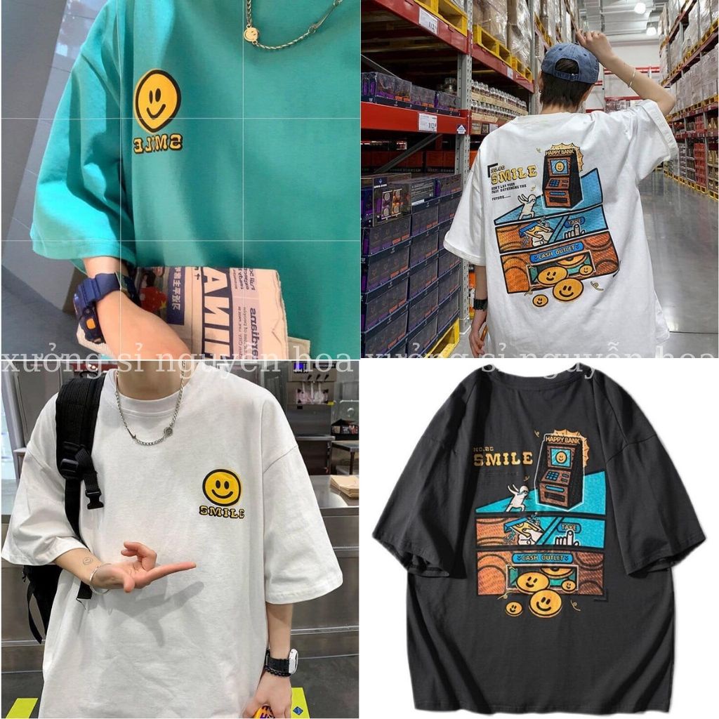 Áo thun unisex mặt cười SMILE tay lỡ dáng rộng nam nữ mặc được 3 màu xanh đen trắng Xưởng Sỉ Nguyễn Hoa
