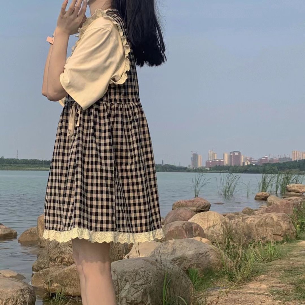 🔥 Đầm Không Tay Dáng Rộng Họa Tiết Kẻ Sọc Phối Ren Phong Cách Nhật Bản Dễ Thương Cho Nữ đầm nữ xinh đầm babydoll dài đầm 2dây