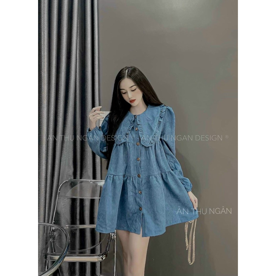 (FreeShip 2022) Đầm nữ from babydoll,đầm tăm nhung cổ bèo tay dài phồng dễ thương,hàng chuẩn shop,diện đi đâu cũng xinh