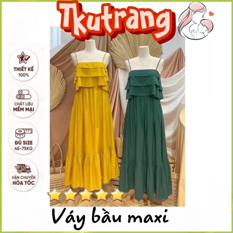Đầm Maxi Đũi Hai Dây Ngực Xếp Tầng Bèo Dáng Dài From Rộng Bầu Mặc Xinh