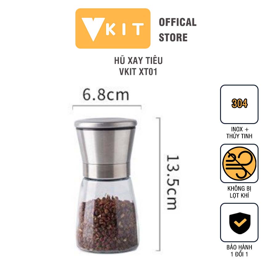 Hũ xay tiêu Thuỷ tinh, Inox 304 Vkit XT01