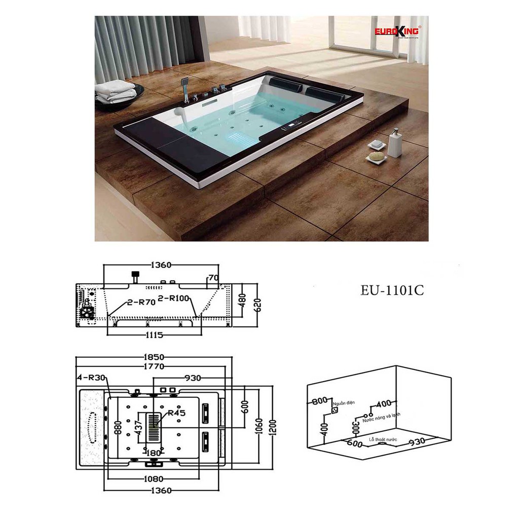 Bồn tắm massage cao cấp Euroking EU-1101C, bao vận chuyển và lắp đặt