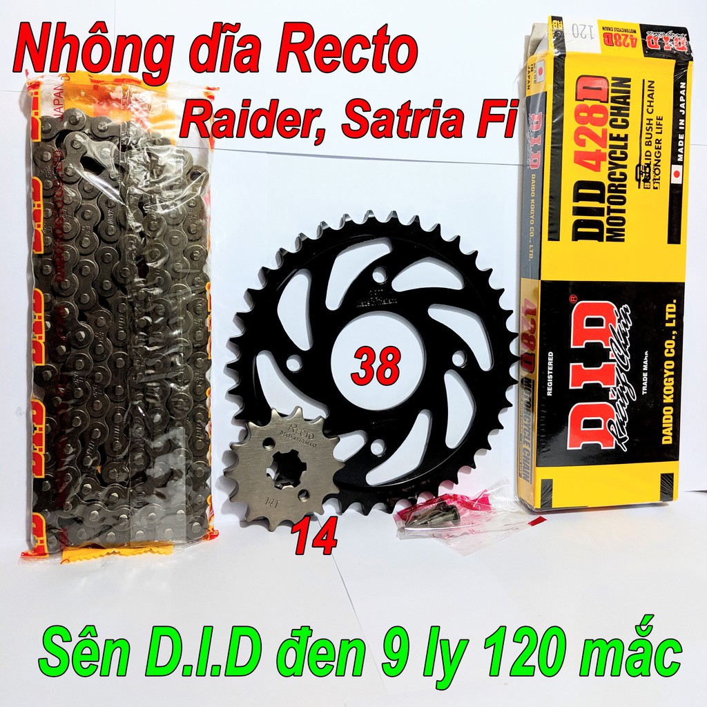 Sên DID đen 9 ly 120 mắc, Nhông dĩa RECTO 14 - 38 cho Raider/ Satria Fi