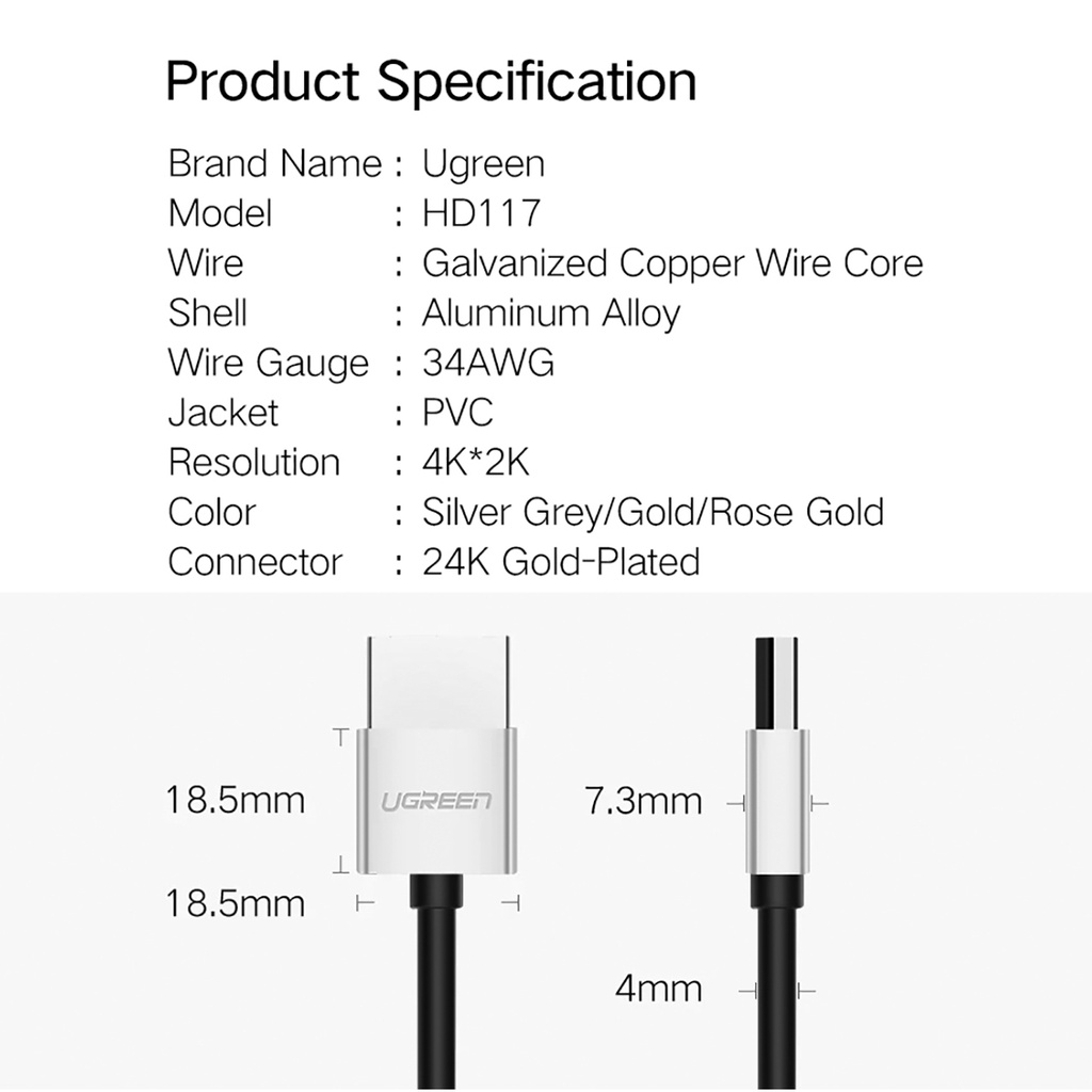 Cáp HDMI 2.0 Siêu Nhỏ Cao Cấp, UGREEN HD117 Chính Hãng, Hỗ trợ 4K60Hz