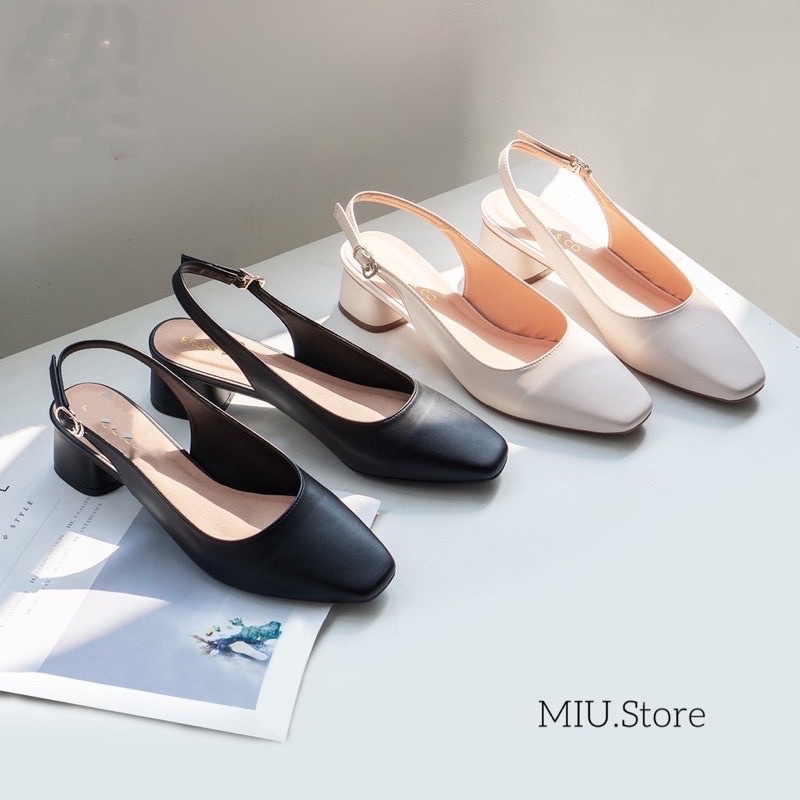 Giày Cao Gót 3cm VNXK da lì Hở Gót Mũi vuông Slingback, giày boot nữ hở gót cài quai dễ phối đồ nữ đi làm đi chơi